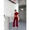 Osy odal Yumuşak Dokulu Kumaş Kısa Kollu Crop Alt Ispanyol Paça Pantalon Ikili Takım  Bordo