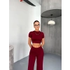 Osy odal Yumuşak Dokulu Kumaş Kısa Kollu Crop Alt Ispanyol Paça Pantalon Ikili Takım  Bordo