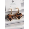 Pirinç Gold Renk 3D Kalp Leopar Desen Model Kadın Küpe