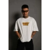 Unisex Bisiklet Yaka Baskılı Oversize Thirt  Beyaz