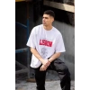 Unisex Bisiklet Yaka Baskılı Oversize Thirt  Beyaz