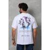 Unisex Bisiklet Yaka Baskılı Oversize Thirt  Beyaz