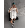 Unisex Bisiklet Yaka Baskılı Oversize Thirt  Beyaz