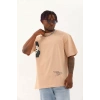 Unisex Oversize Baskılı Bisiklet Yaka Thirt  Bej