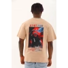 Unisex Oversize Baskılı Bisiklet Yaka Thirt  Bej