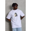Unisex Oversize Baskılı Bisiklet Yaka Thirt  Beyaz