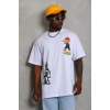 Unisex Oversize Baskılı Bisiklet Yaka Thirt  Beyaz