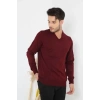 Unisex Uzun Kol V Yaka Triko Kazak  Bordo
