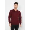 Unisex Uzun Kol V Yaka Triko Kazak  Bordo