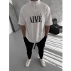 Unisex Yarım Fermuarlı Baskılı Thirt  Beyaz