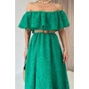 Yeşil Omzu Lastikli Brode Elbise