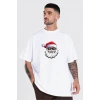 Yılbaşı Gözlüklü Noel Baba Baskılı Kısa Kollu Oversize Bisiklet Yaka Tshirt  Beyaz