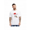 Yılbaşı Noel Ren Geyiği Baskılı Kısa Kollu Oversize Bisiklet Yaka Tshirt  Beyaz