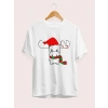Yılbaşı Noel Ren Geyiği Baskılı Kısa Kollu Oversize Bisiklet Yaka Tshirt  Beyaz