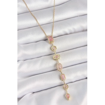316L Çelik Gold Renk Zincir Pembe Zirkon Taşlı Y Model Dekolte Kadın Kolye