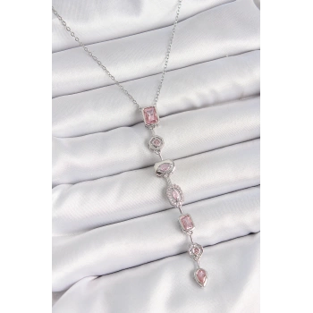 316L Çelik Gümüş Renk Zincir Pembe Zirkon Taşlı Y Model Dekolte Kadın Kolye