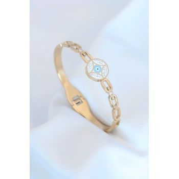 Gold Renk Nazar Boncuk Figür Zirkon Taş Detay Çelik Kadın Bileklik