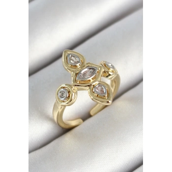 Pirinç Beş Taş Trend Figür Zirkon Taşlı Gold Renk Ayarlanabilir Kadın Yüzük