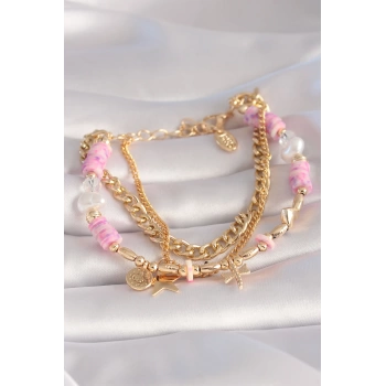 Pirinç Gold Renk Pembe Boncuklu Yıldız Figür Çoklu Kadın Bileklik