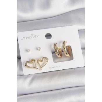 Pirinç Gold Renk Zirkon Taşlı Halka Model Kalp Detay 3 Çift Kadın Küpe Seti