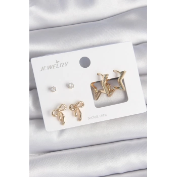 Pirinç Gold Renk Zirkon Taşlı Yıldız Model Fiyonk Detay 3 Çift Kadın Küpe Seti