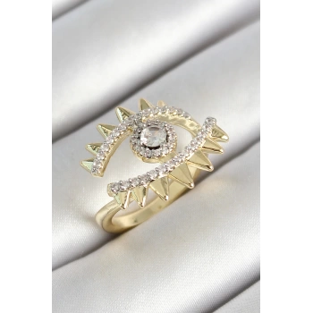 Pirinç Göz Figürlü Zirkon Taşlı Gold Renk Ayarlanabilir Kadın Yüzük