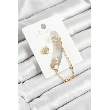 Pirinç Kalp Figürlü Zirkon Taşlı Gold Renk 3lü Kıkırdak Kadın Küpe Set