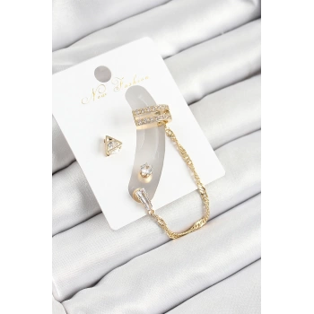 Pirinç Üçgen Figürlü Zirkon Taşlı Gold Renk 3lü Kıkırdak Kadın Küpe Set