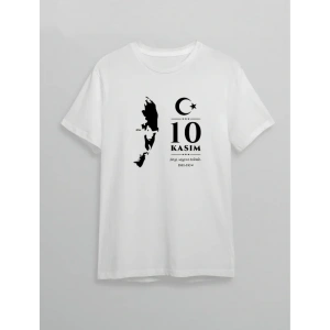10 Kasım Atatürk Anma Günü ilüet Baskılı Oversize Bisiklet Yaka Tshirt  Beyaz