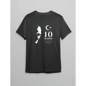 10 Kasım Atatürk Anma Günü ilüet Baskılı Oversize Bisiklet Yaka Tshirt  iyah