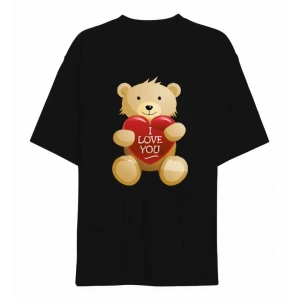 14 Şubat evgililer Günü I ove You Ayı Baskılı Oversize Bisiklet Yaka Tshirt  iyah