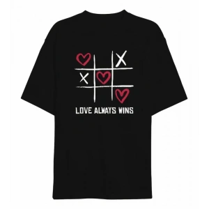 14 Şubat evgililer Günü ove Always Wins Baskılı Oversize Bisiklet Yaka Tshirt  iyah