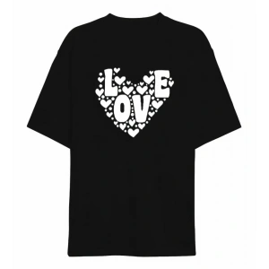 14 Şubat evgililer Günü ove Kalp Baskılı Oversize Bisiklet Yaka Tshirt  iyah