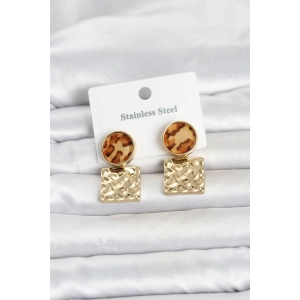 316L Çelik Gold Renk Leopar Desenli Plaka Model Kadın Küpe
