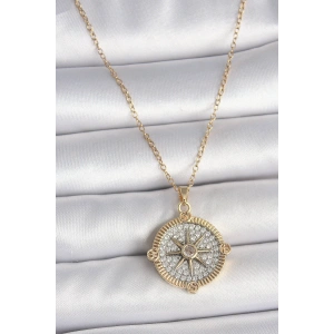 316L Çelik Gold Renk Zirkon Taşlı Pusula Model Kadın Kolye