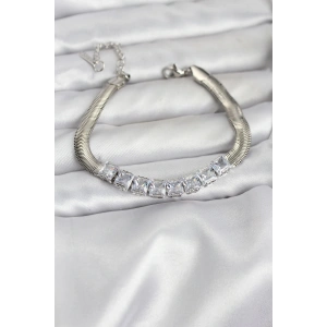 316L Çelik Gümüş Renk Kare Zirkon Taşlı Yılan Zincirli Kadın Bileklik