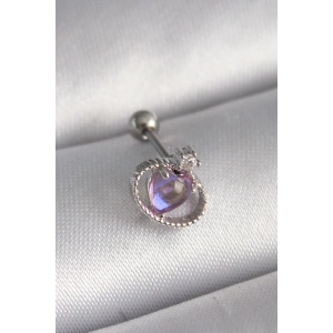 316L Çelik Gümüş Renk Mor Mineli Kalp Zirkon Taş Detay Tragus Piercing
