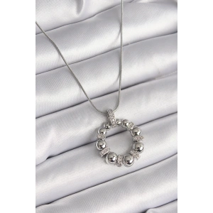 316L Çelik Gümüş Renk Zincir Zirkon Taş Detaylı Bombeli Halka Model Kadın Kolye