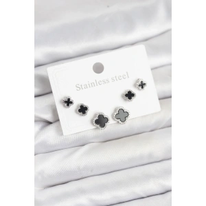 316L Çelik Gümüş Renk Zirkon Taşlı Yonca Model Kadın Küpe Seti