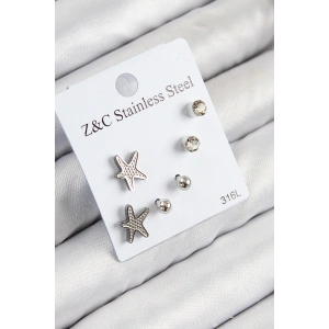 316L Çelik Zirkon Taşlı Deniz Yıldızı Model Gümüş Renk Kadın Set Küpe