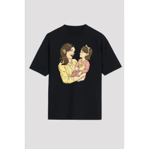 Anneler Günü Hediye Anne Kız Temalı Baskılı Oversize Bisiklet Yaka Tshirt  iyah