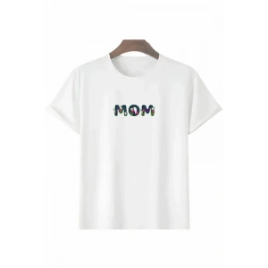 Anneler Günü Hediye om Çiçek Baskılı Oversize Bisiklet Yaka Tshirt  Beyaz