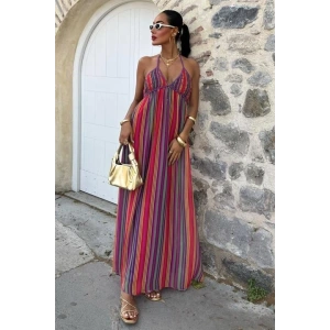 Askılı Pile Detaylı Renkli Maxi Elbise 2748