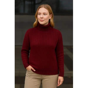 Balıkcı Yaka Bağazlı Triko Kazak Pamuklu Kalın Fitilli Dokuma  Bordo