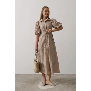 Balon Kol Kemerli Brode Elbise  Taş