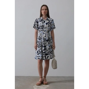 Baskılı Keten Elbise  Lacivert