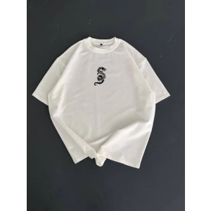 Baskılı Oversize Bisiklet Yaka Tshirt  Beyaz