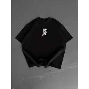 Baskılı Oversize Bisiklet Yaka Tshirt  iyah