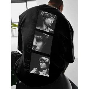 Baskılı Oversize Bisiklet Yaka Tshirt  iyah