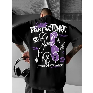 Baskılı Oversize Bisiklet Yaka Tshirt  iyah